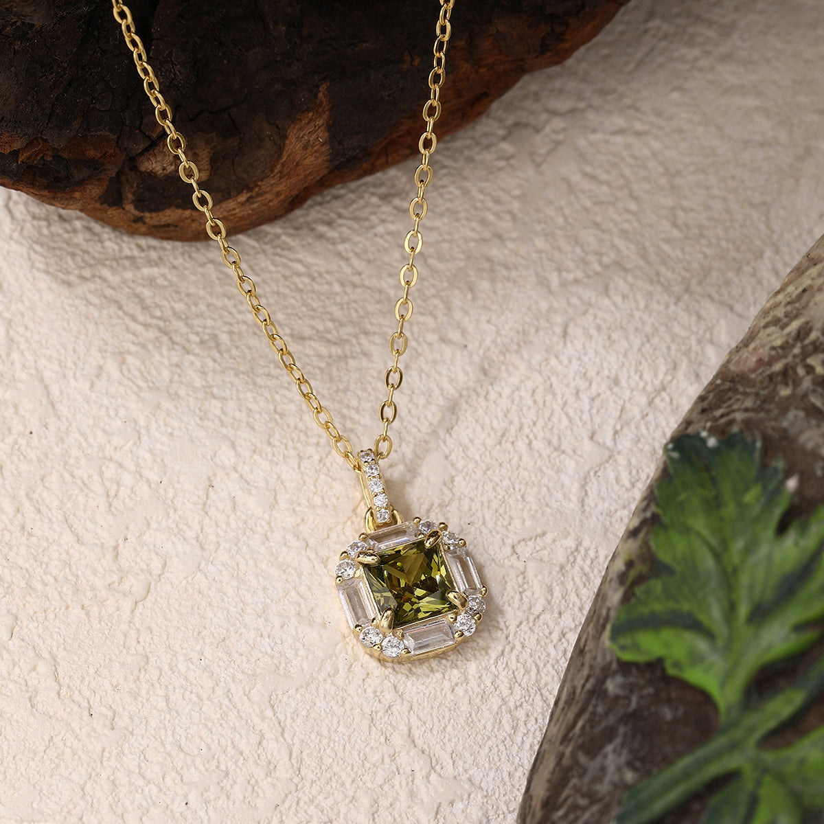 Gold Square light Green Emerald Necklace