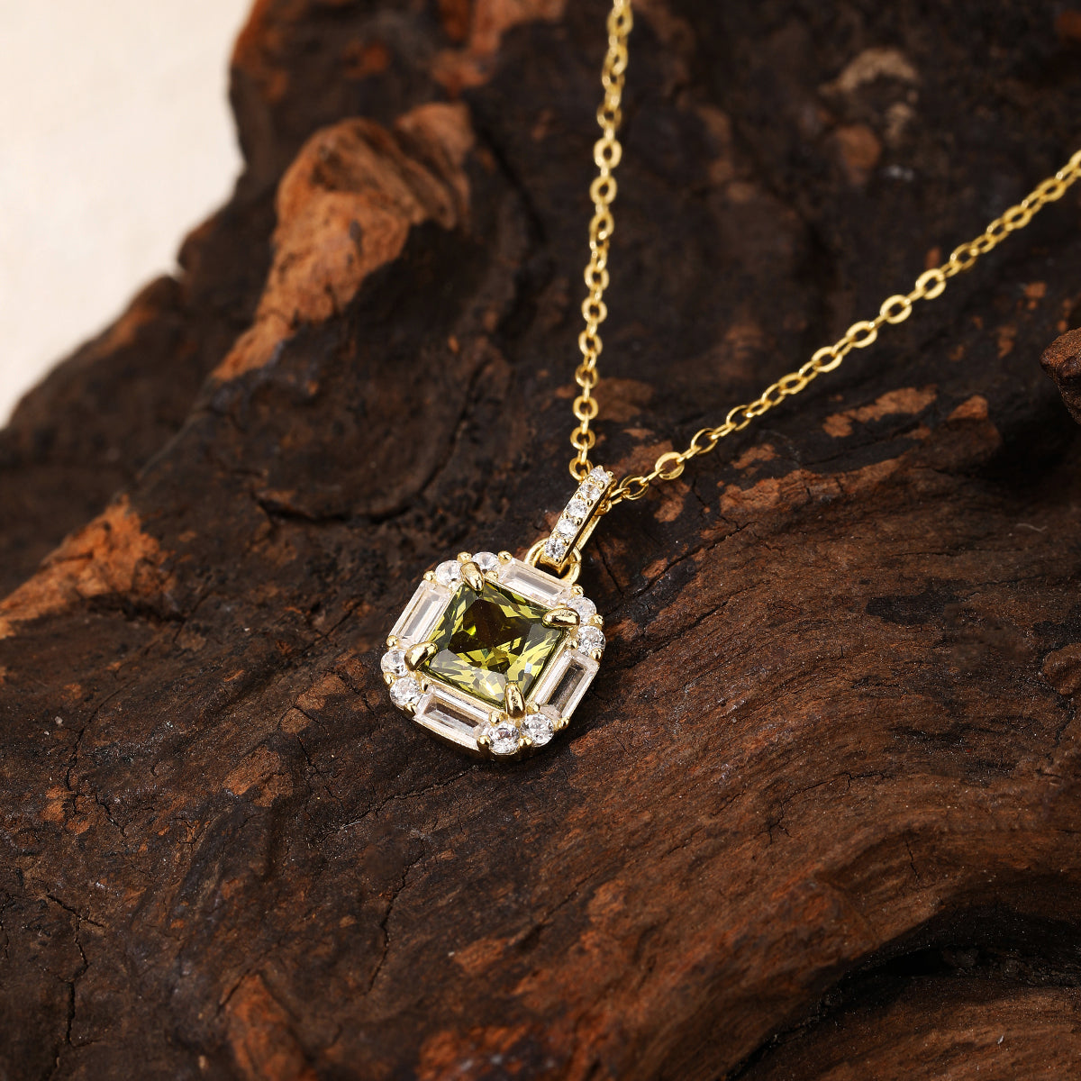 Gold Square light Green Emerald Necklace