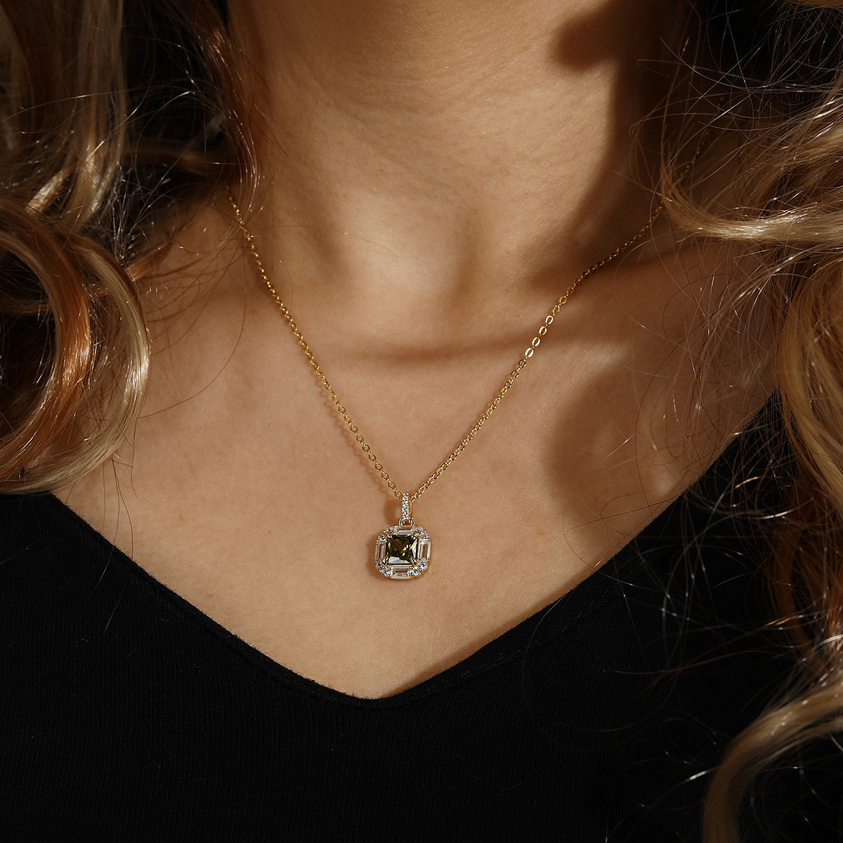 Gold Square light Green Emerald Necklace