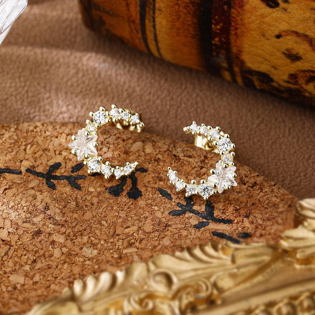 Crescent Moon and Star Stud Earrings