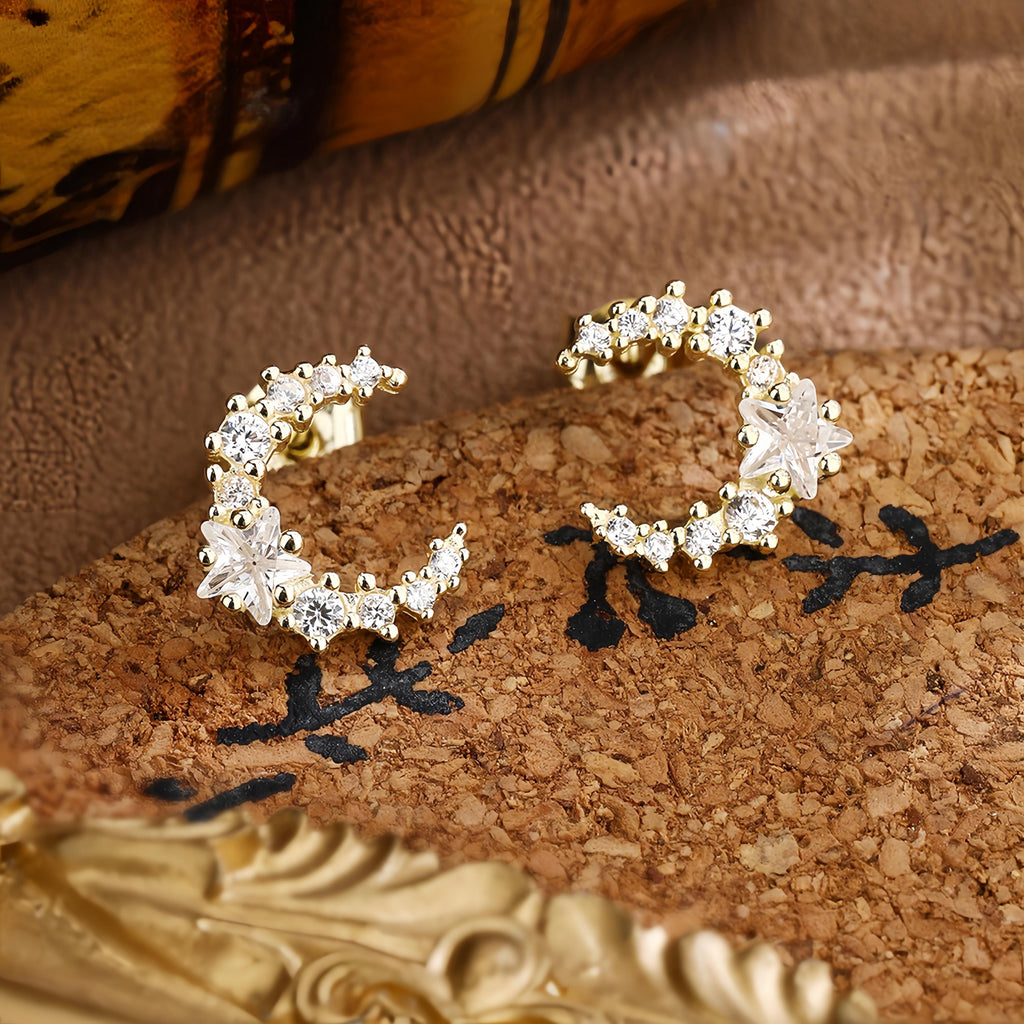 Crescent Moon and Star Stud Earrings
