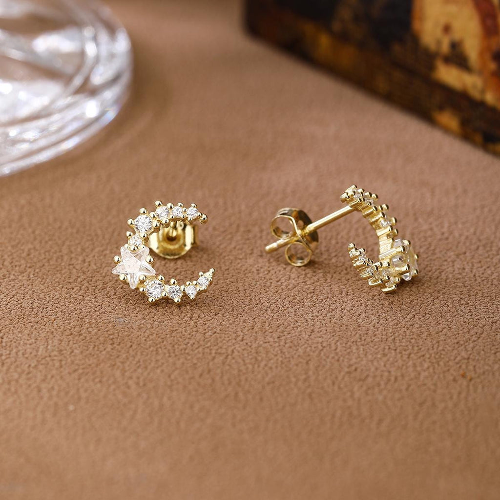 Crescent Moon and Star Stud Earrings