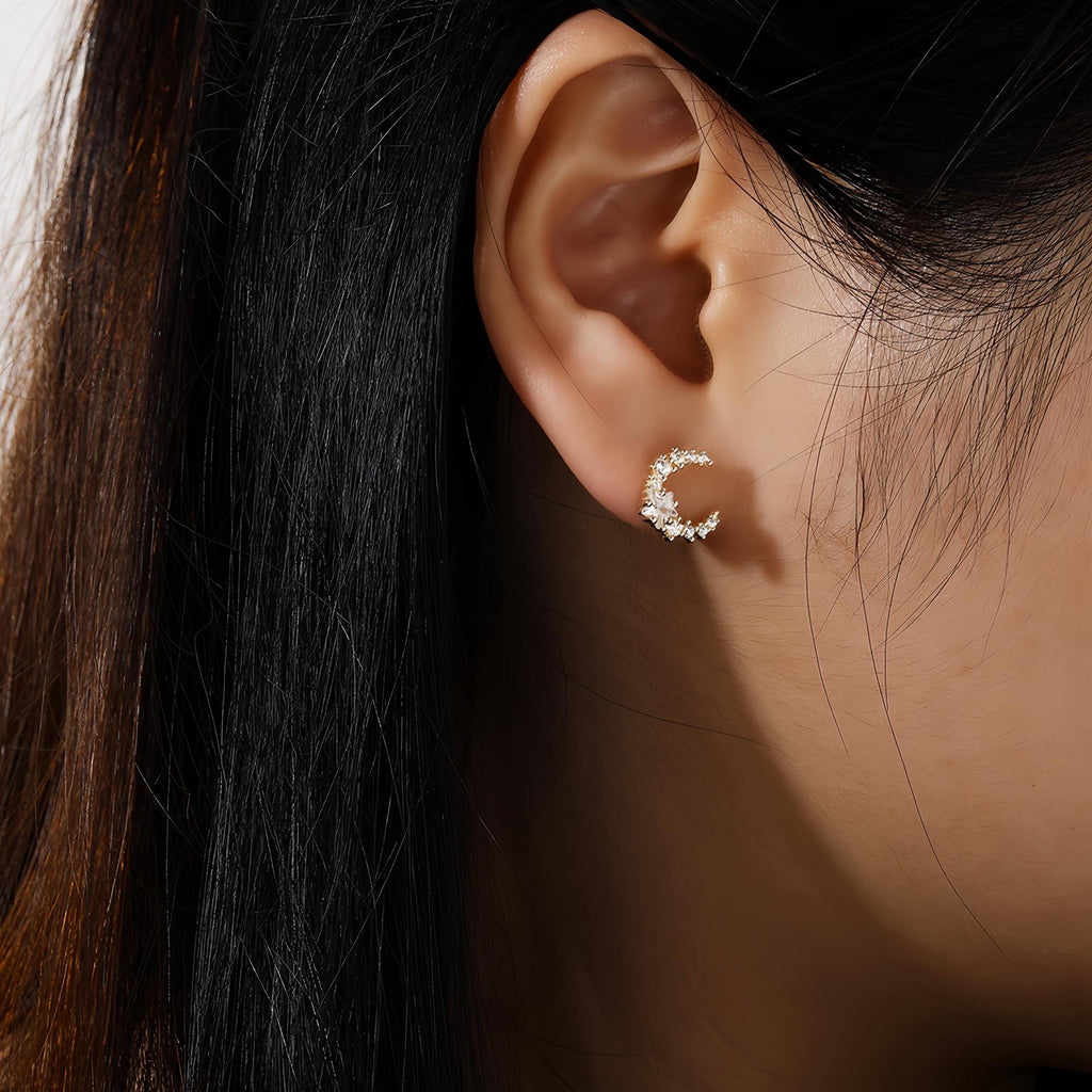 Crescent Moon and Star Stud Earrings