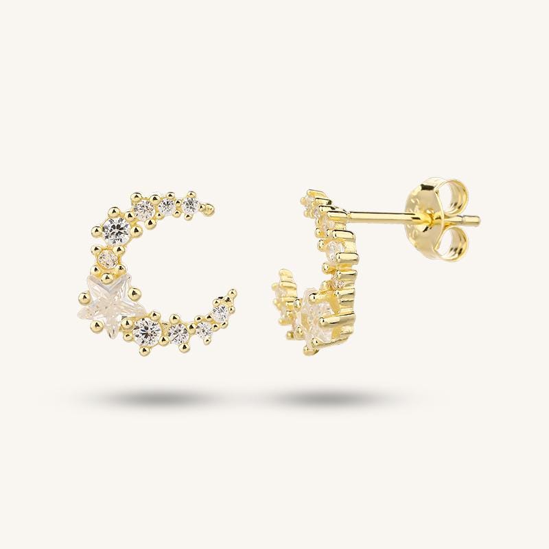 Crescent Moon and Star Stud Earrings
