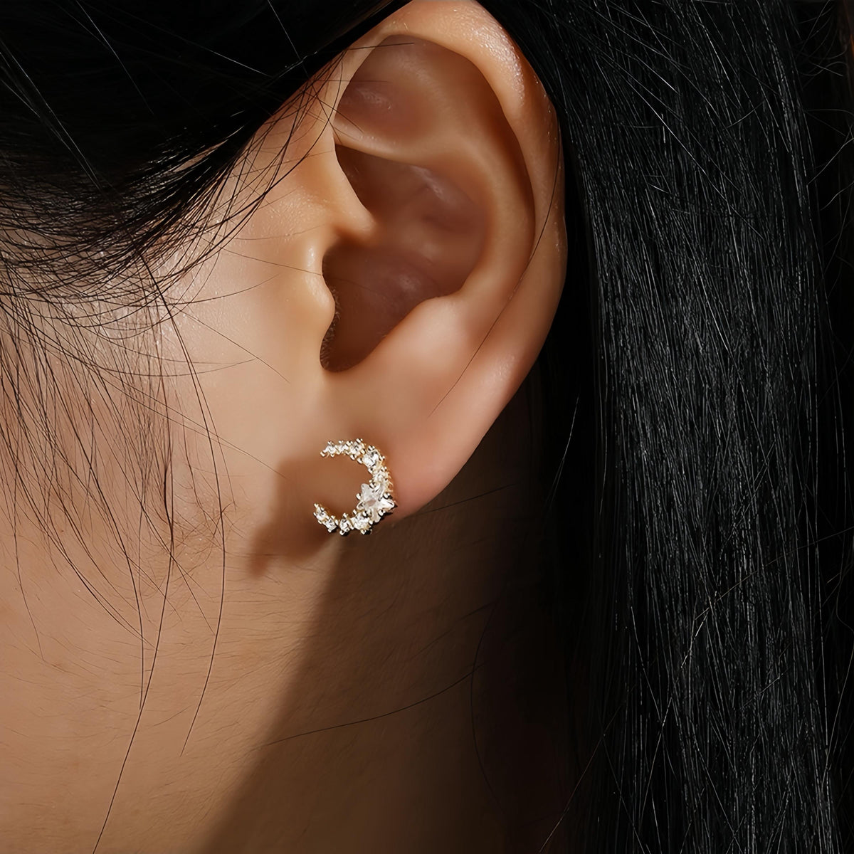 Crescent Moon and Star Stud Earrings