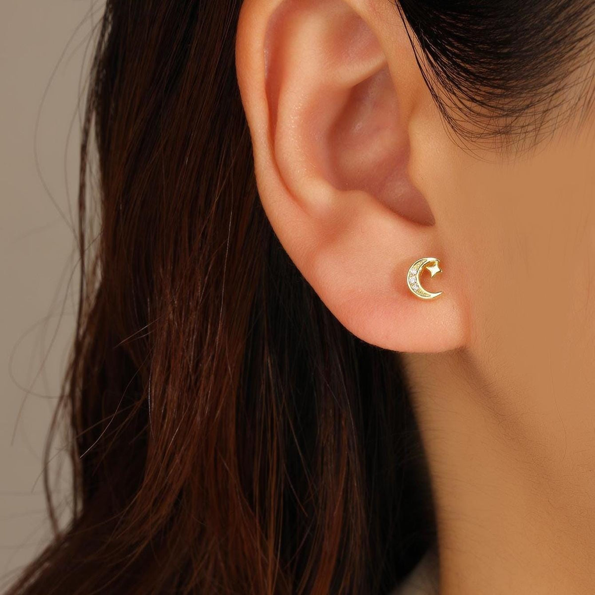 Dainty Moon and Star Stud Earrings