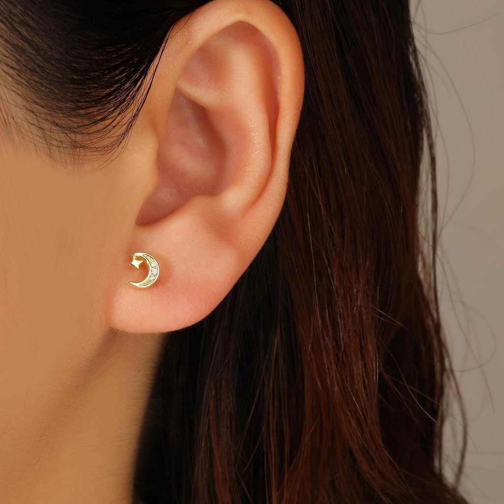Dainty Moon and Star Stud Earrings
