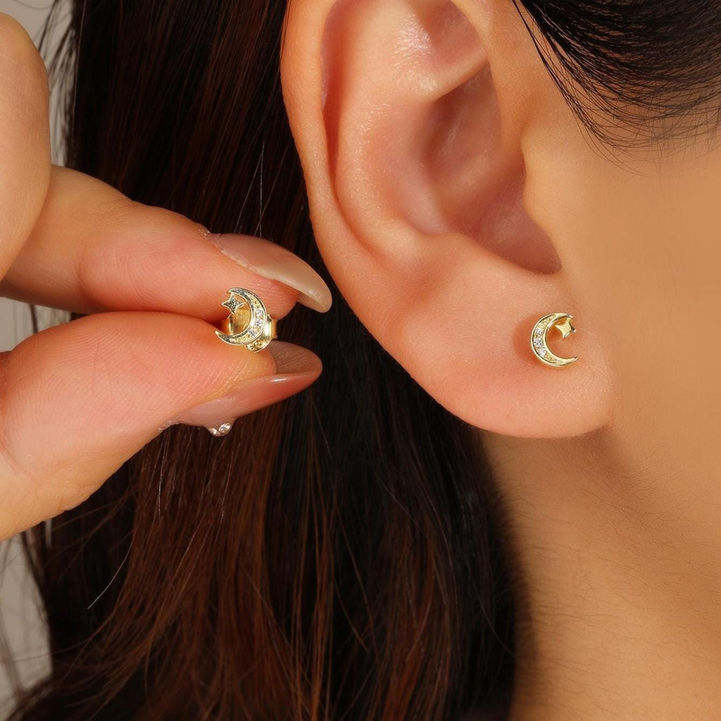 Dainty Moon and Star Stud Earrings