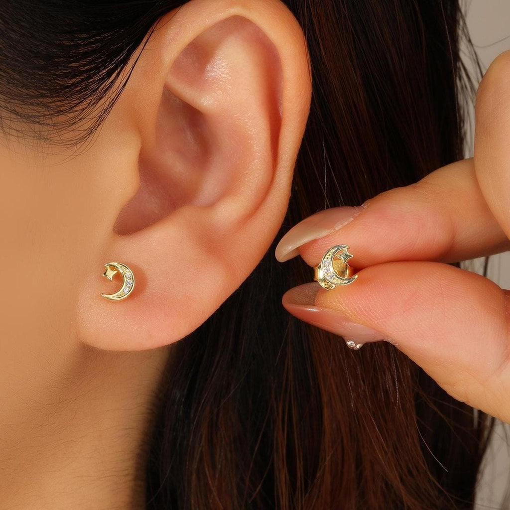 Dainty Moon and Star Stud Earrings