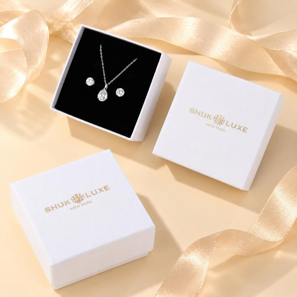SHUKLUXE gift box packaging with moissanite earrings