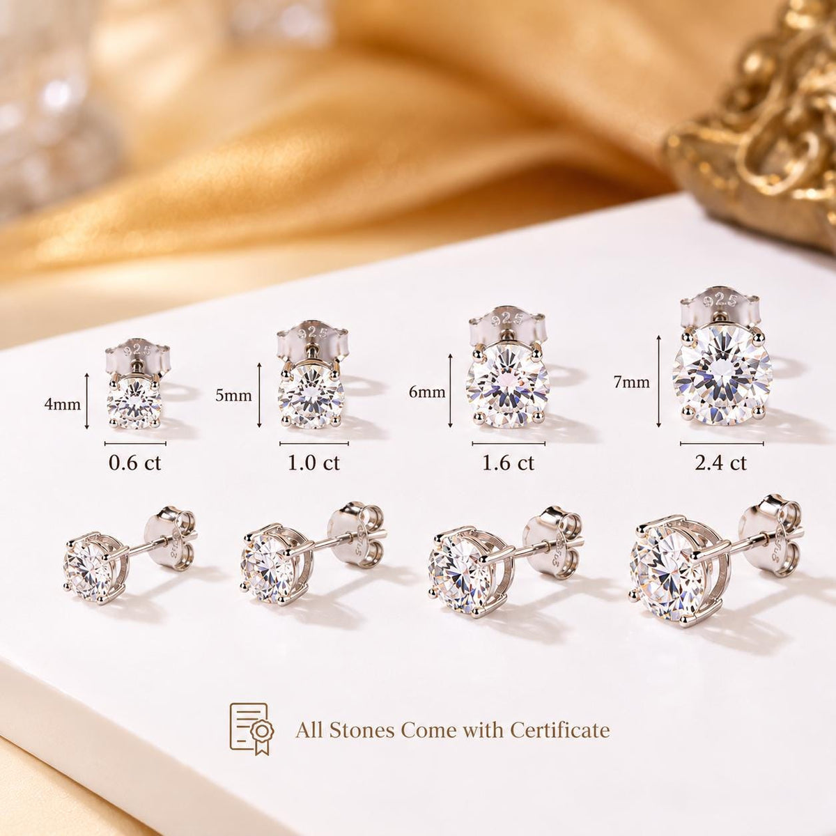Size chart - 4mm to 7mm moissanite stud specifications