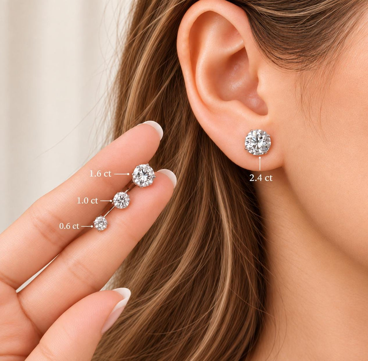 Size comparison - 0.6ct to 2.4ct moissanite studs